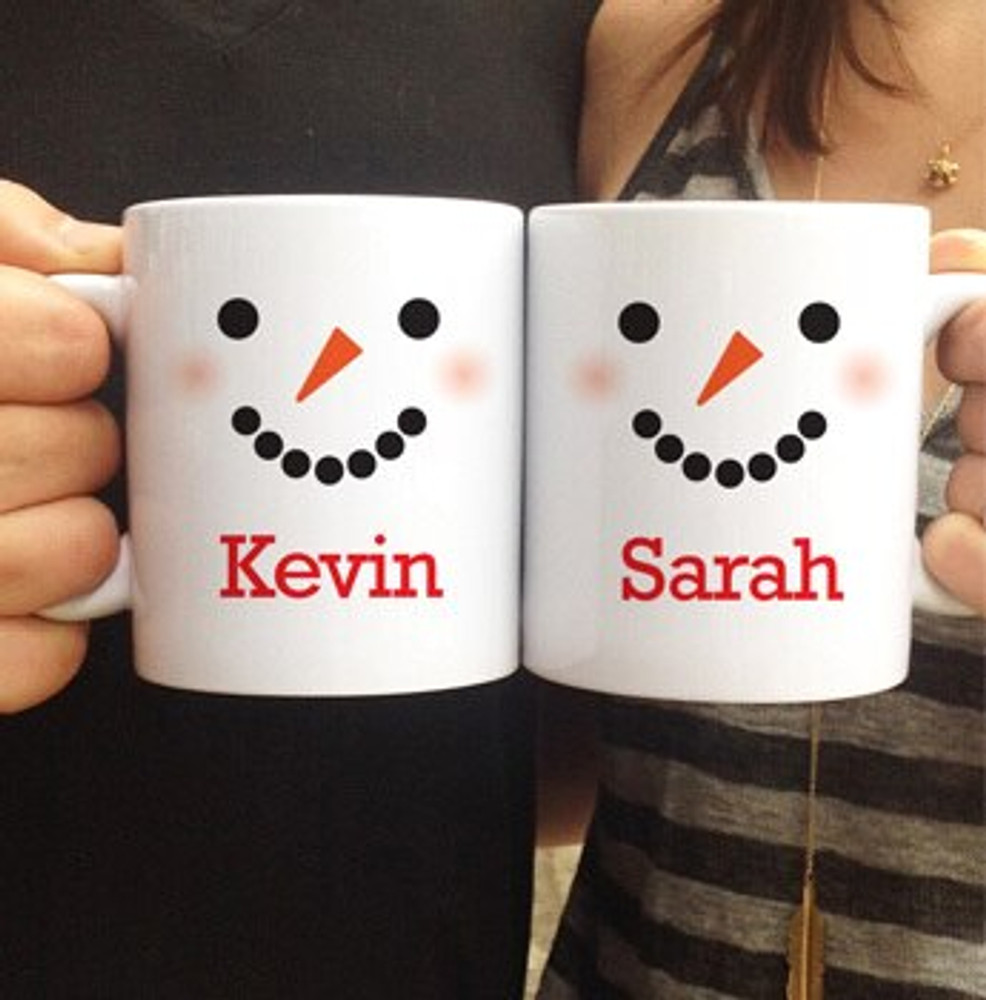 Personalized Snowman Mugs with Smiling Snowman Face and Name in Red Lettering - Christmas Family Mug Set