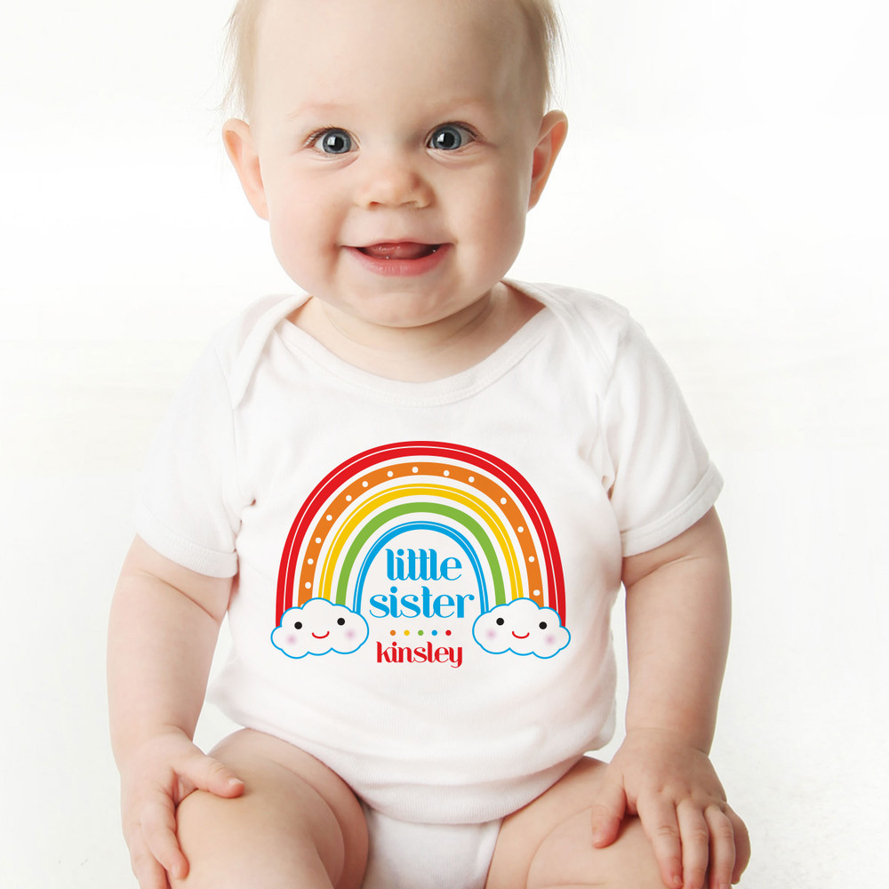 Happy Rainbow Personalized Sister Shirts - Custom Rainbow Little Sister Outfit for Newborn Baby Girl - Baby Bodysuit with Name for Little Sister - Baby Girls Clothing with Kawaii Rainbow and Clouds Design - Matching Sister Outfits