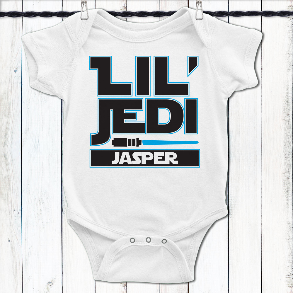 Personalized Little Jedi Baby Bodysuit with Blue Jedi Design -  - Custom Jedi Outfits for Infant Boys - Newborn Boys Personalized Clothing