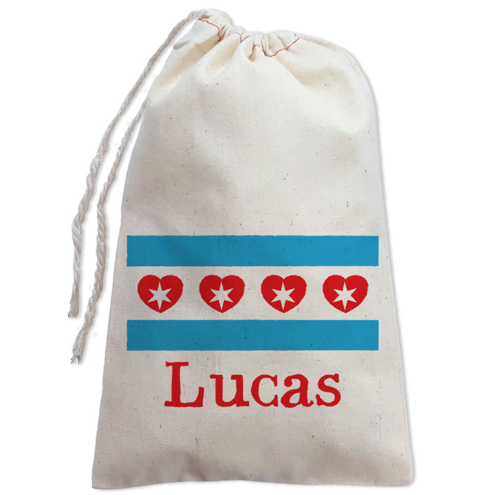 Chicago Theme Party Favor Bags for Kids - Chicago Flag and Heart Personalized Gift Bags - Custom Drawstring Canvas Fabric Favor Bags - Valentines Day Favor Bags