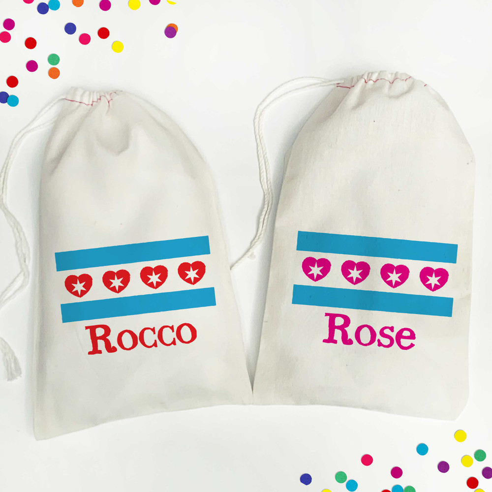 Chicago Theme Party Favor Bags for Kids - Chicago Flag and Heart Personalized Gift Bags - Custom Drawstring Canvas Fabric Favor Bags - Valentines Day Favor Bags