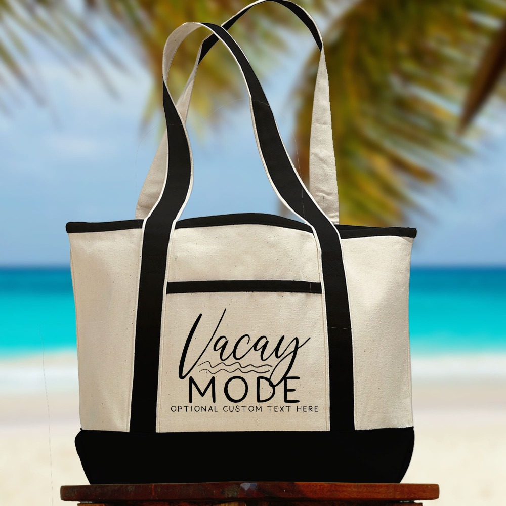 Vacay Mode Personalized Beach Bag - Custom Canvas Beach Bag for Vacation - Large Carryall Tote with Pockets