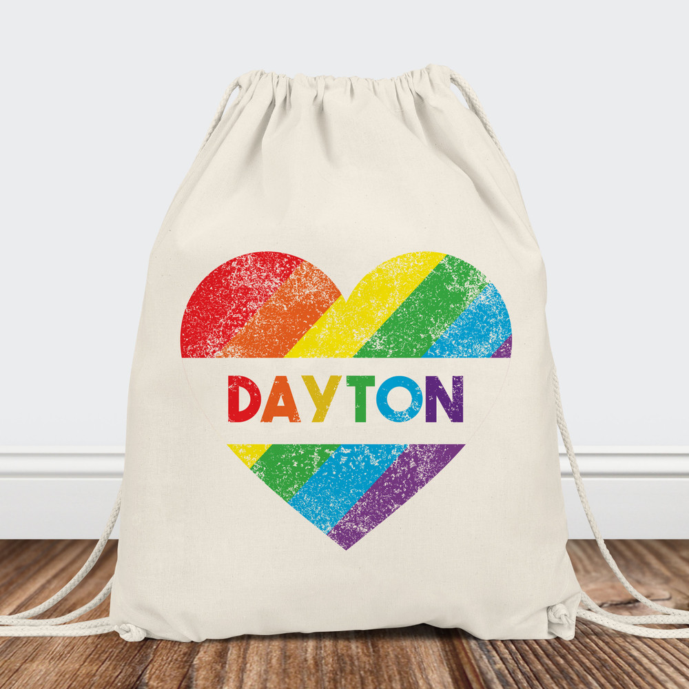 Gay Pride Event Custom Printed Bags - Rainbow Heart Personalized Drawstring Backpacks - Gay and Lesbian Gifts - Customized Tote Bags - Gay Neighborhood Gifts - Montrose - Capitol Hill - The Gayborhood - Hillcrest - West Hollywood