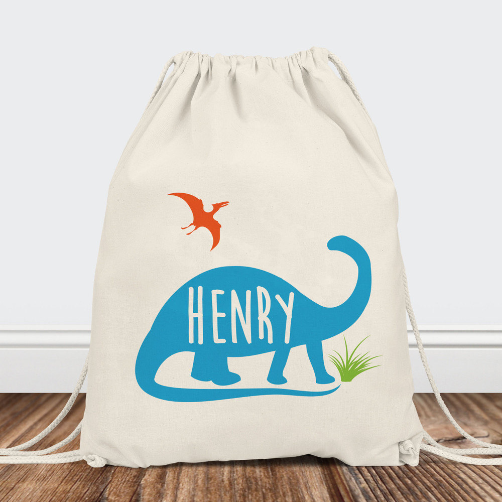 Dinosaur Backpack for Kids - Personalized Canvas Drawstring Backpack with Blue Dinosaur - Custom Backpacks