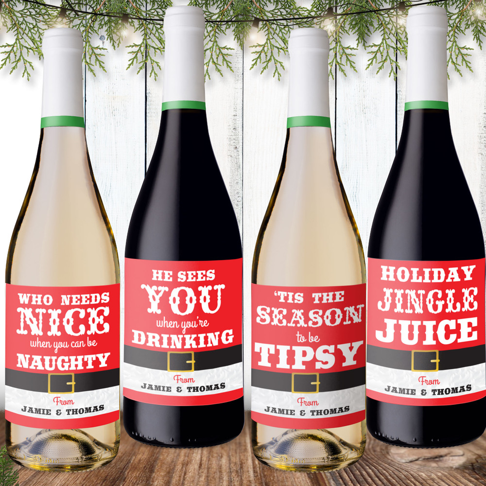Naughty Or Nice Custom Christmas Wine Labels - Personalized Santa Belt Holiday Wine Sticker Set