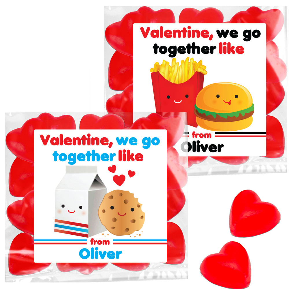 Funny Kids Valentine Stickers with Burger and Fries - Cartoon Food Stickers - Personalized Valentine's Day Favor Bag Labels - Kids Valentines Day Decal Sheet - Custom Valentines Favor Stickers - Bulk Valentines Day Party Favor Labels for Toddlers