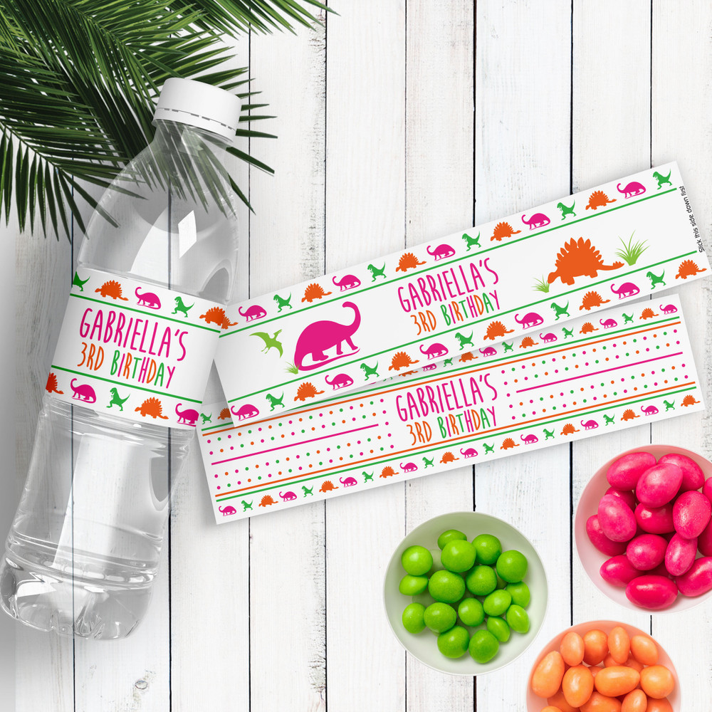 Kids Dinosaur Birthday Party Decorations - Personalized Water Bottle Labels - Waterproof Drink Bottle Stickers - Pink Orange and Green Girls Birthday Party Decor - Dinosaur Party Supplies