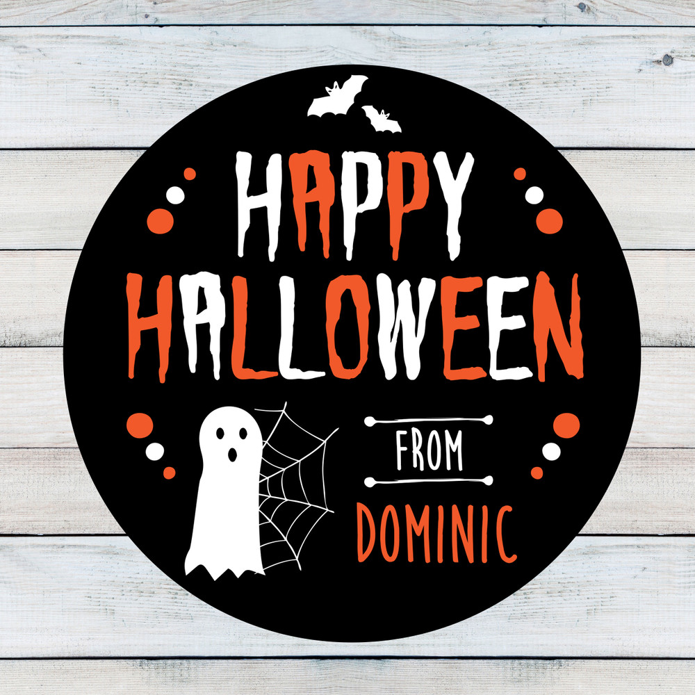 Personalized Round Halloween Favor Labels for Kids - Happy Halloween Ghost Favor Stickers