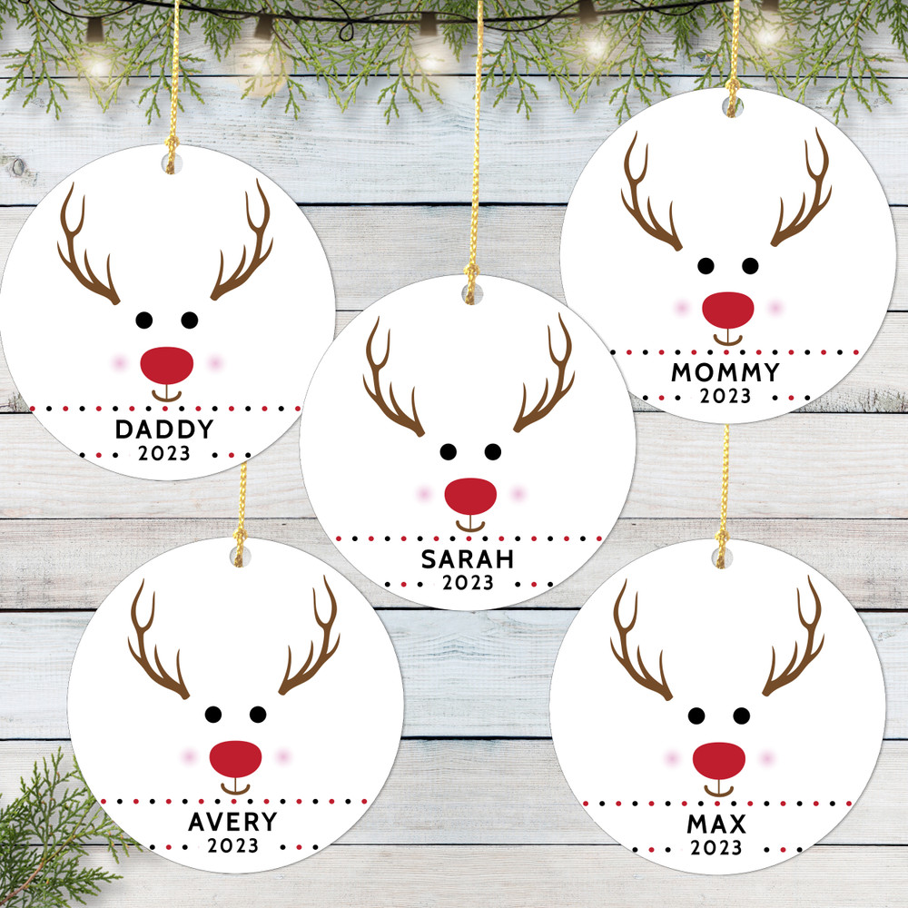 Personalized Red-Nosed Reindeer Christmas Ornaments - Custom Minimalist Holiday Tree Decorations with Name  - Matching Family Ornaments