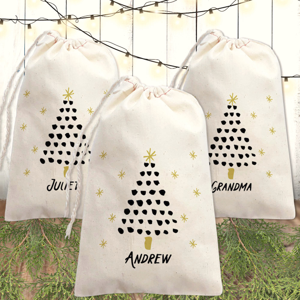 White Christmas Tree Personalized Christmas Gift Bags - Modern Minimalist Black and White Custom Christmas Gift Bags - Personalized Holiday Party Favor Bags for Adults