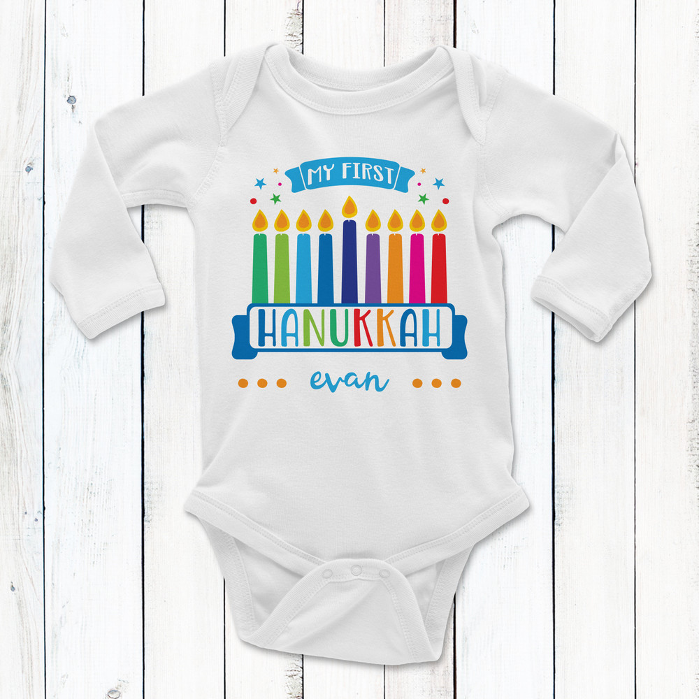 My First Hanukkah Personalized Baby Bodysuit - Custom Hanukkah Baby Outfits - Monogrammed Chanukah Gifts + Clothing