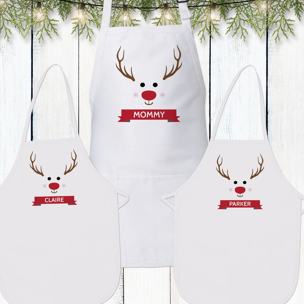 Personalized Red-Nosed Reindeer Matching Christmas Aprons for Kids & Adults
