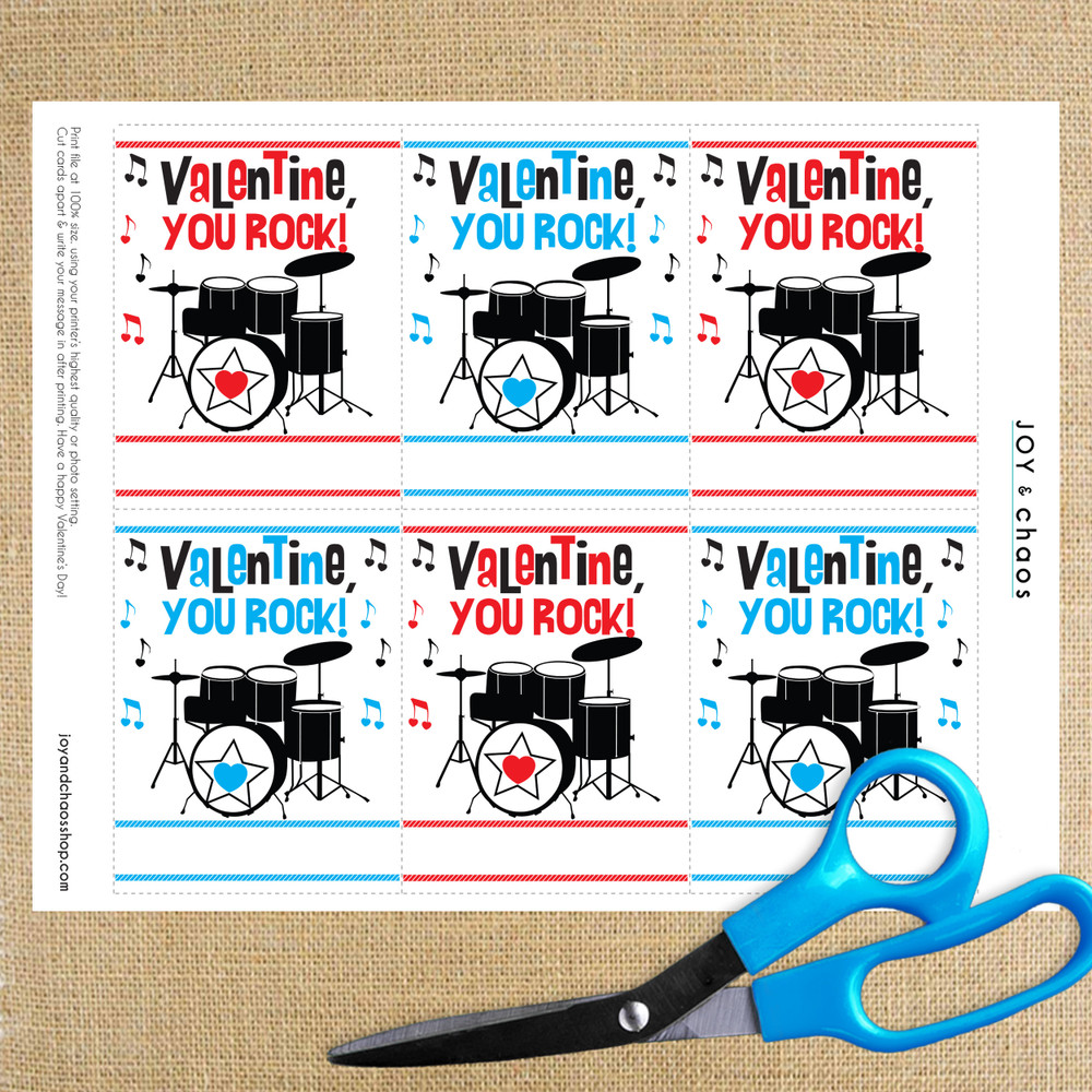 Drum Set Rockstar Printable Valentine's Day Cards - Instant Download Valentines for Kids - Childrens Classroom Valentine Cards for School Valentine's Day Party - Digital File to Print at Home - Toddler Boys Valentines - Music Theme Rock and Roll Valentines