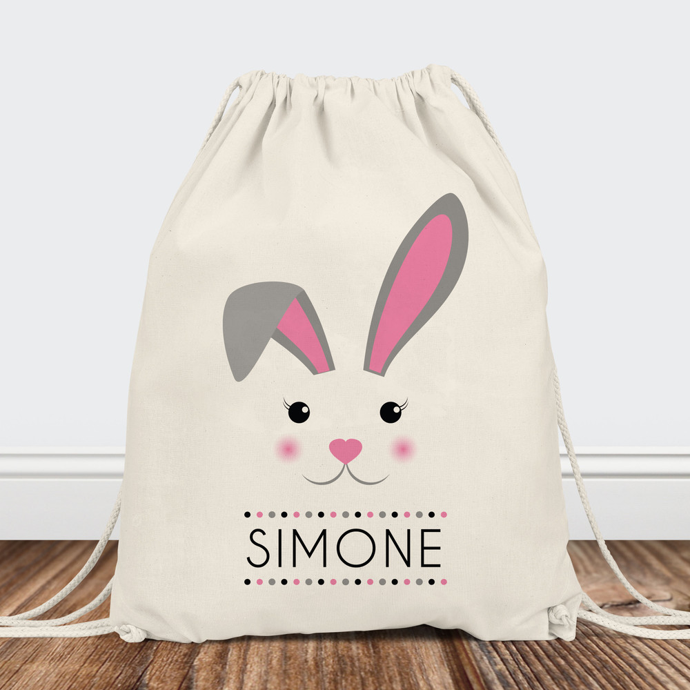 Personalized Easter Drawstring Backpack for Girls: Pink Mod Bunny