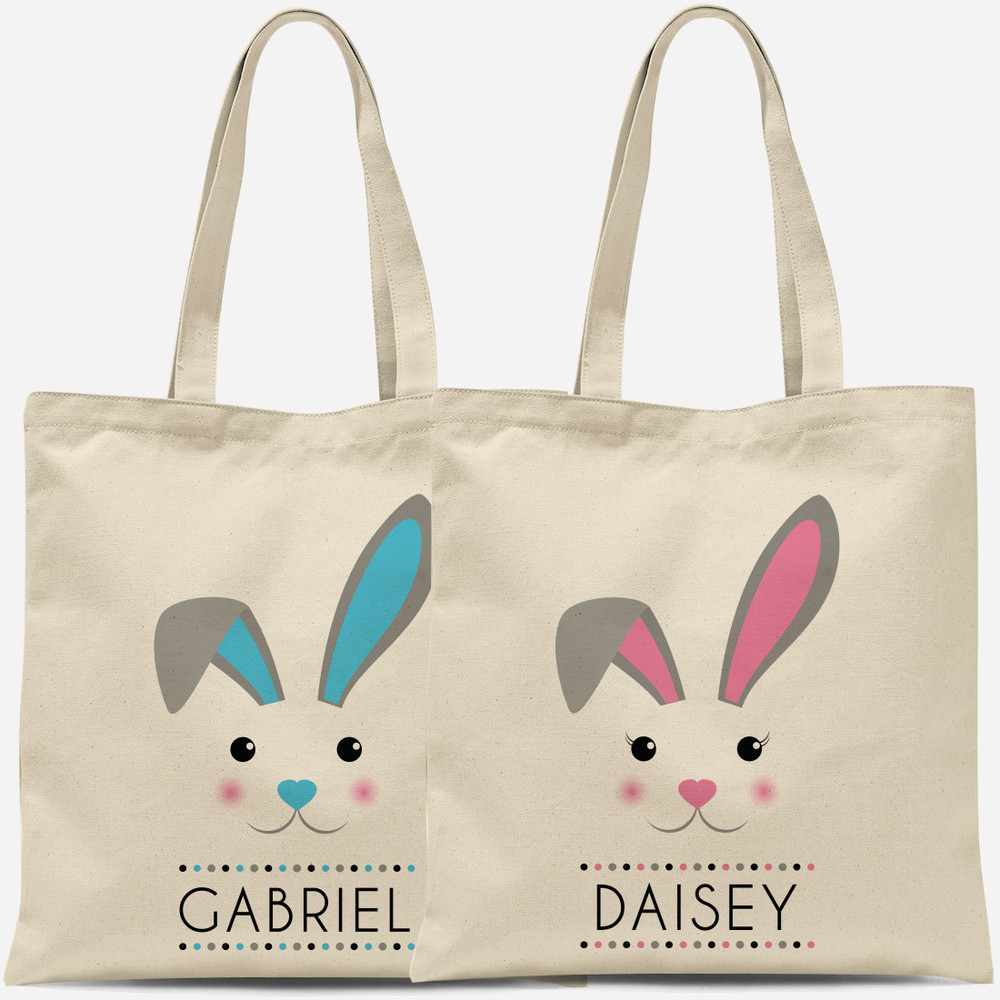 Personalized Easter Tote Bags for Kids: Mod Bunny Ears Monogrammed Egg Hunt Bag for Children - Custom Name Large Easter Gift Bag