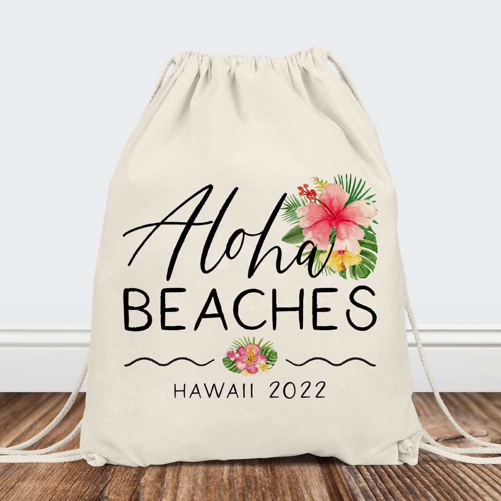 Aloha Beaches Custom Printed Backpacks - Bulk Beach Vacation Bags - Hawaii Wedding Welcome Bags - Hawaiian Bachelorette Party Bags- Island Birthday Bags - Custom Hawaii Girls Trip Gifts - Personalized Drawstring Canvas Backpacks