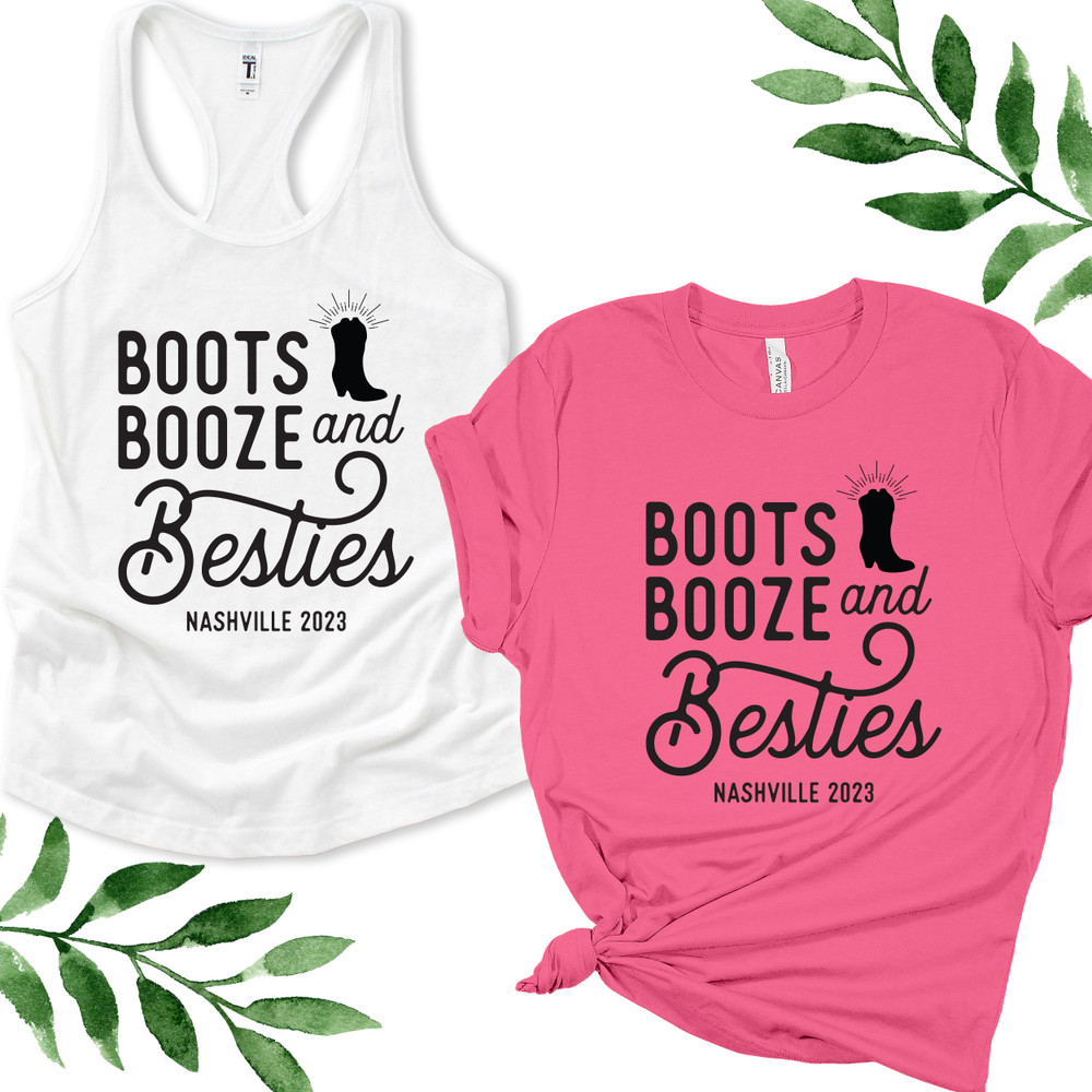 Boots Booze & Besties Racerback Tank Tops - Custom Shirts and Tees for Women - Nashville  T-Shirts - Personalized Nashville Bachelorette Outfits  -Country Theme Adult Birthday Shirts - Matching Custom Tank Tops for Texas Girls Trip