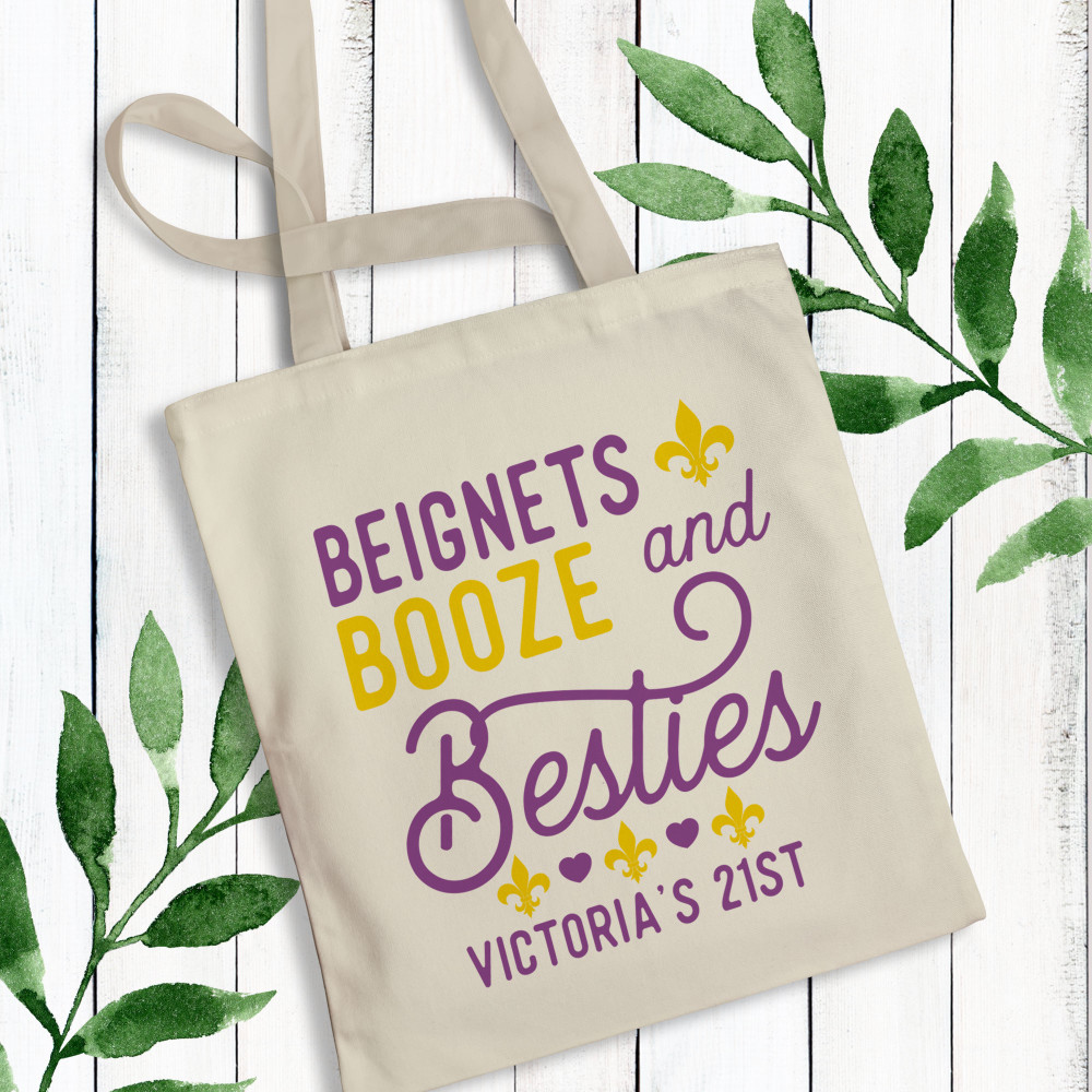 New Orleans Tote Bags for Women - Nolarette Bachelorette Party Bags - Personalized NOLA Birthday Gift Bags - Purple Hearts and Gold Yellow Fleur De Lis Design Bags - Mardi Gras Party Supplies - New Orleans Girls Trip Gift Bags - Beignets, Booze and Besties - Custom Printed Canvas Tote Bags