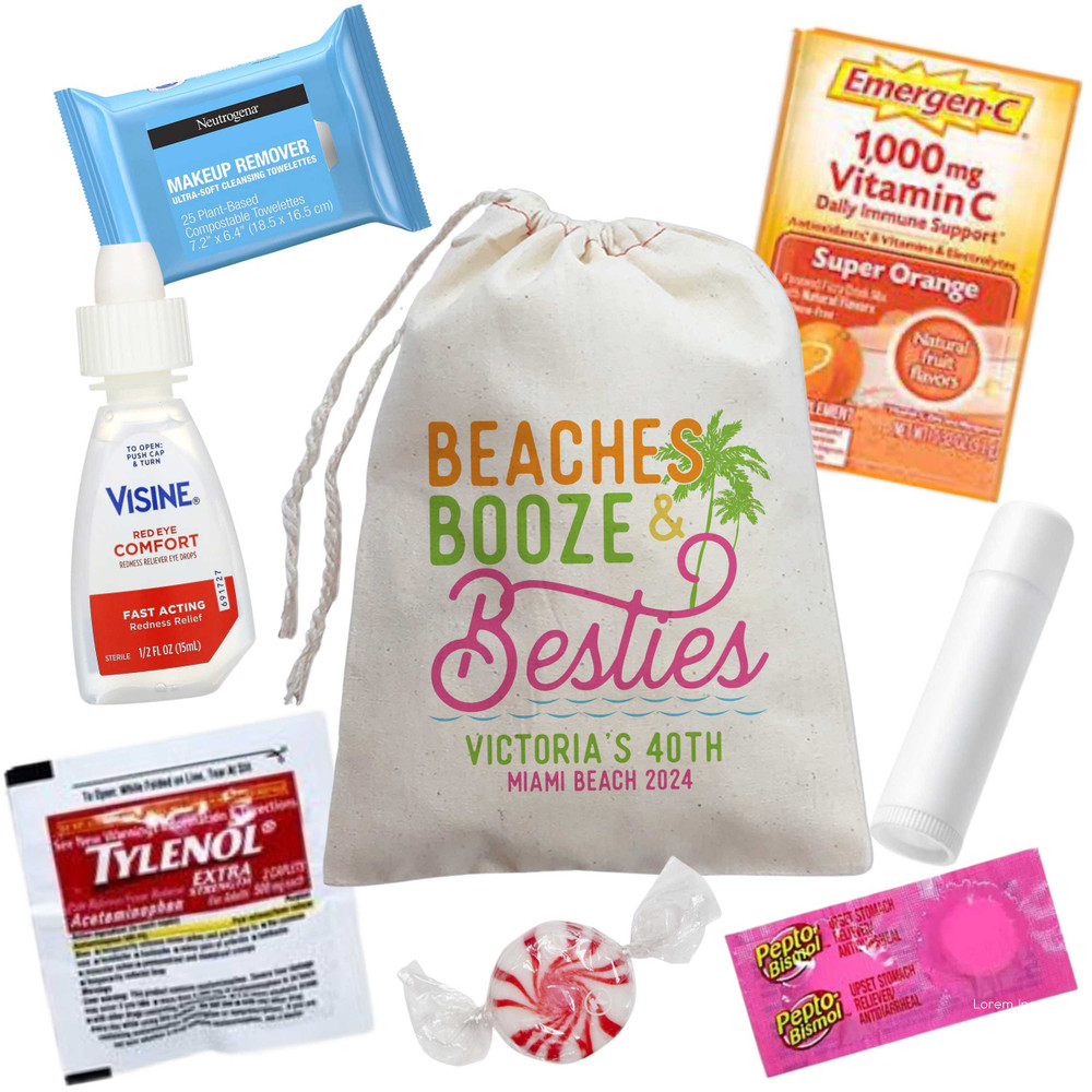 Beach Hangover Kit Bags - Custom Beach Gift Bags  - Beaches, Booze and Besties Bags