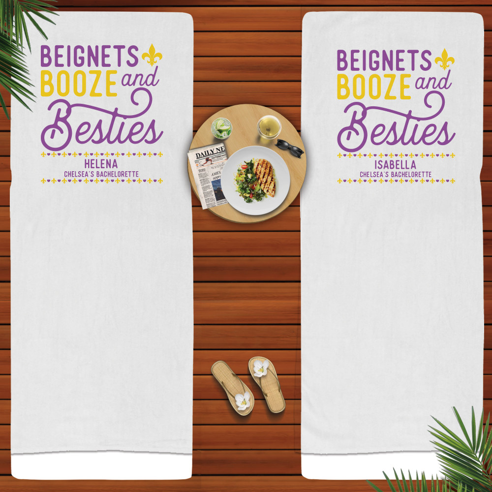 Custom Beach Towels: Beignets Booze & Besties - New Orleans Bachelorette or Birthday Gifts