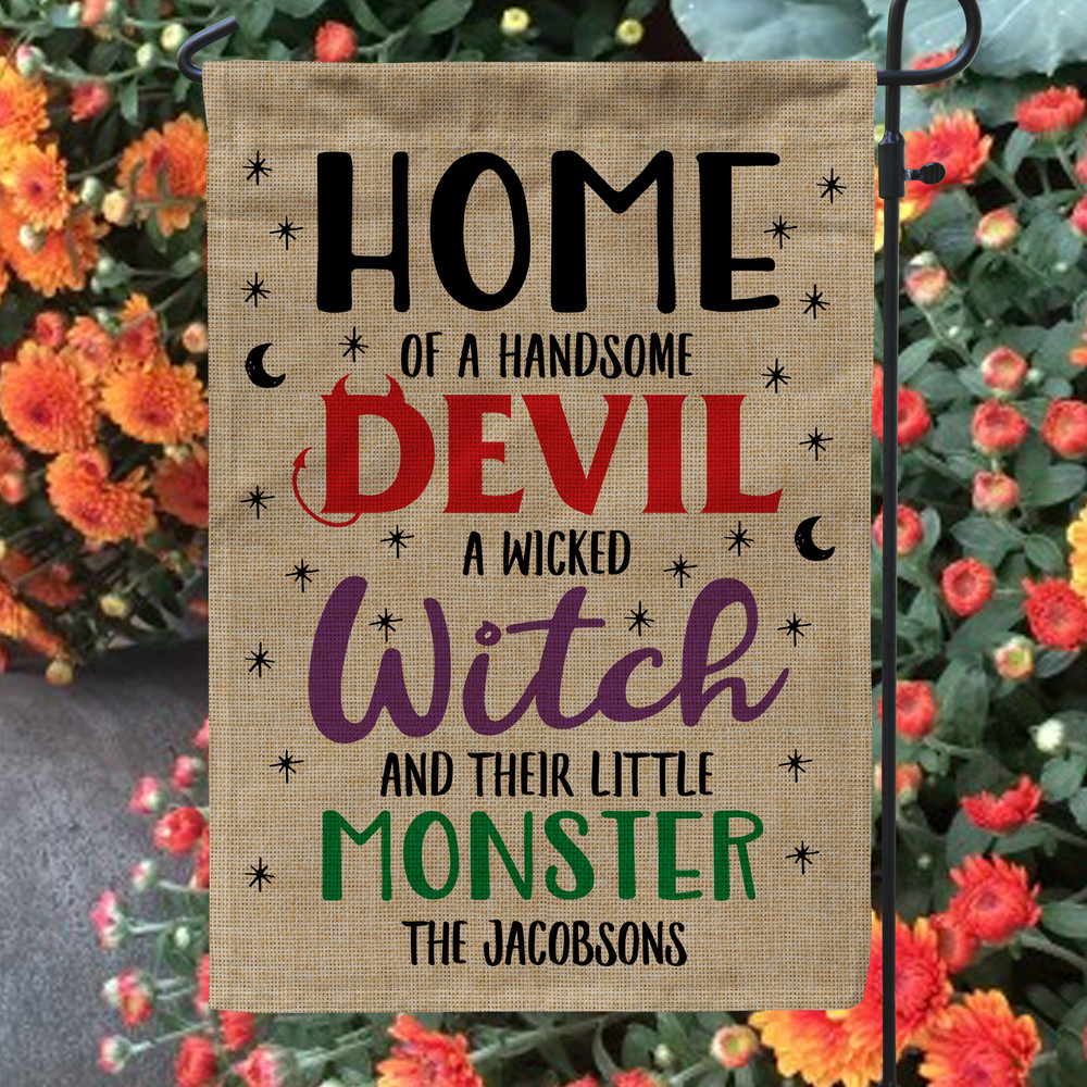 Home of Halloween Custom Garden Flag - Devil, Wicked Witch and Monsters Yard Sign - Personalized Burlap Outdoor Home Decor Flag