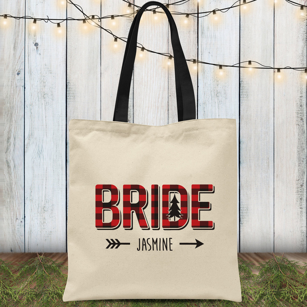 Bride Tribe Custom Plaid Bachelorette Party Tote Bags - Red and Black Buffalo Check Plaid Tote Bags with Names - Flannel Fling Bachelorette Party Bags - Personalized Gift Bags for Mountain Bachelorette - Forest, Camping, Cabin, Rustic Theme Weekend in the Woods