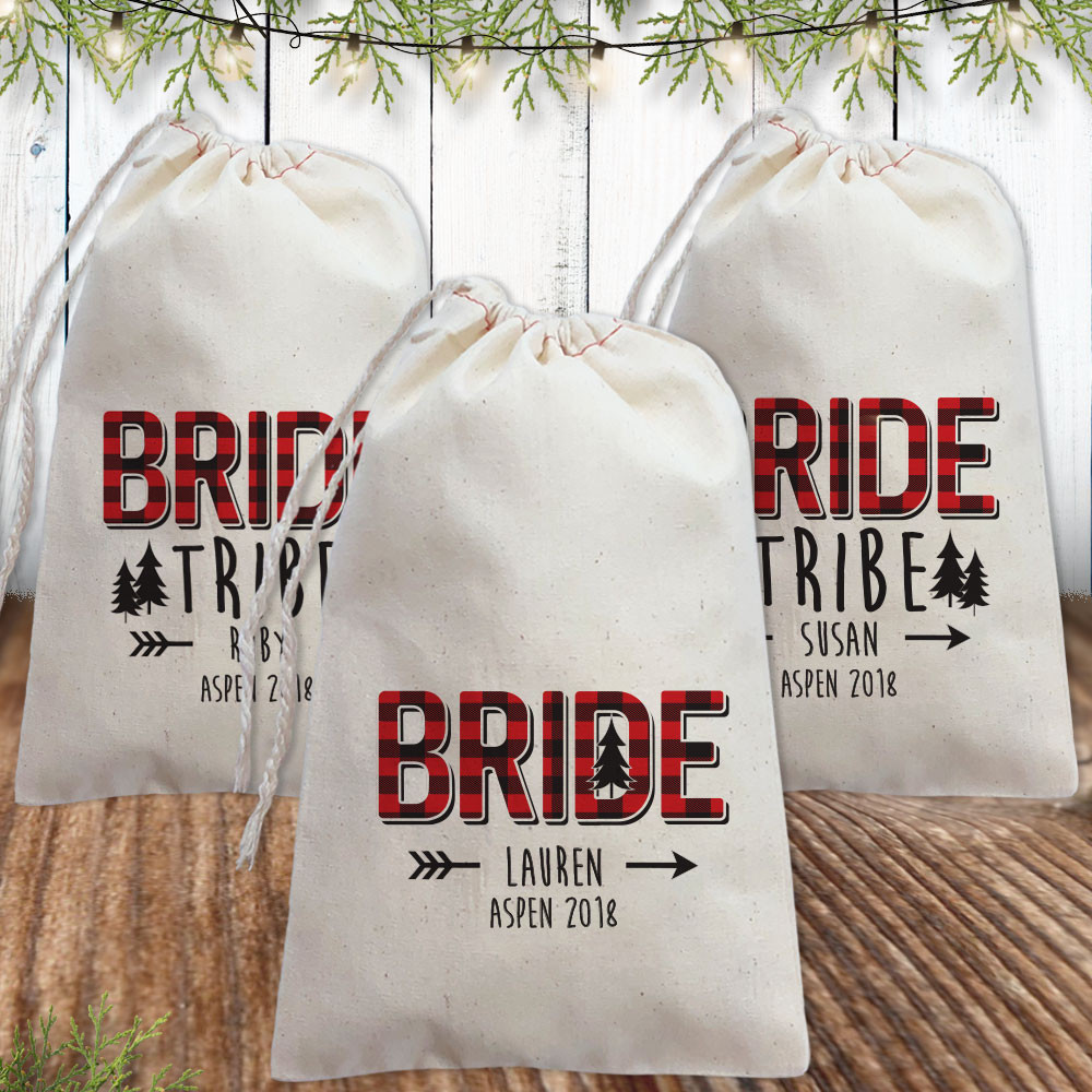 Plaid Bride Tribe Custom Favor Bags - Flannel Fling Bachelorette Party Bags - Personalized Gift Bags for Mountain Bachelorette - Forest, Camping, Cabin, Rustic Theme Weekend in the Woods