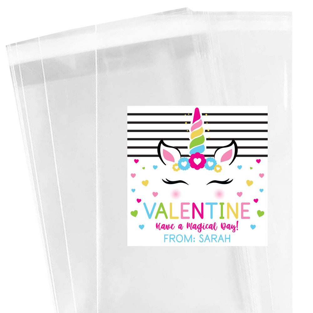 Magical Unicorn Valentine Stickers for Girls - Personalized Rainbow Valentine's Day Stickers - Kids Valentines Day Stickers - Custom Valentines Favor Labels with Names - Bulk Valentines Day Party Favor Labels