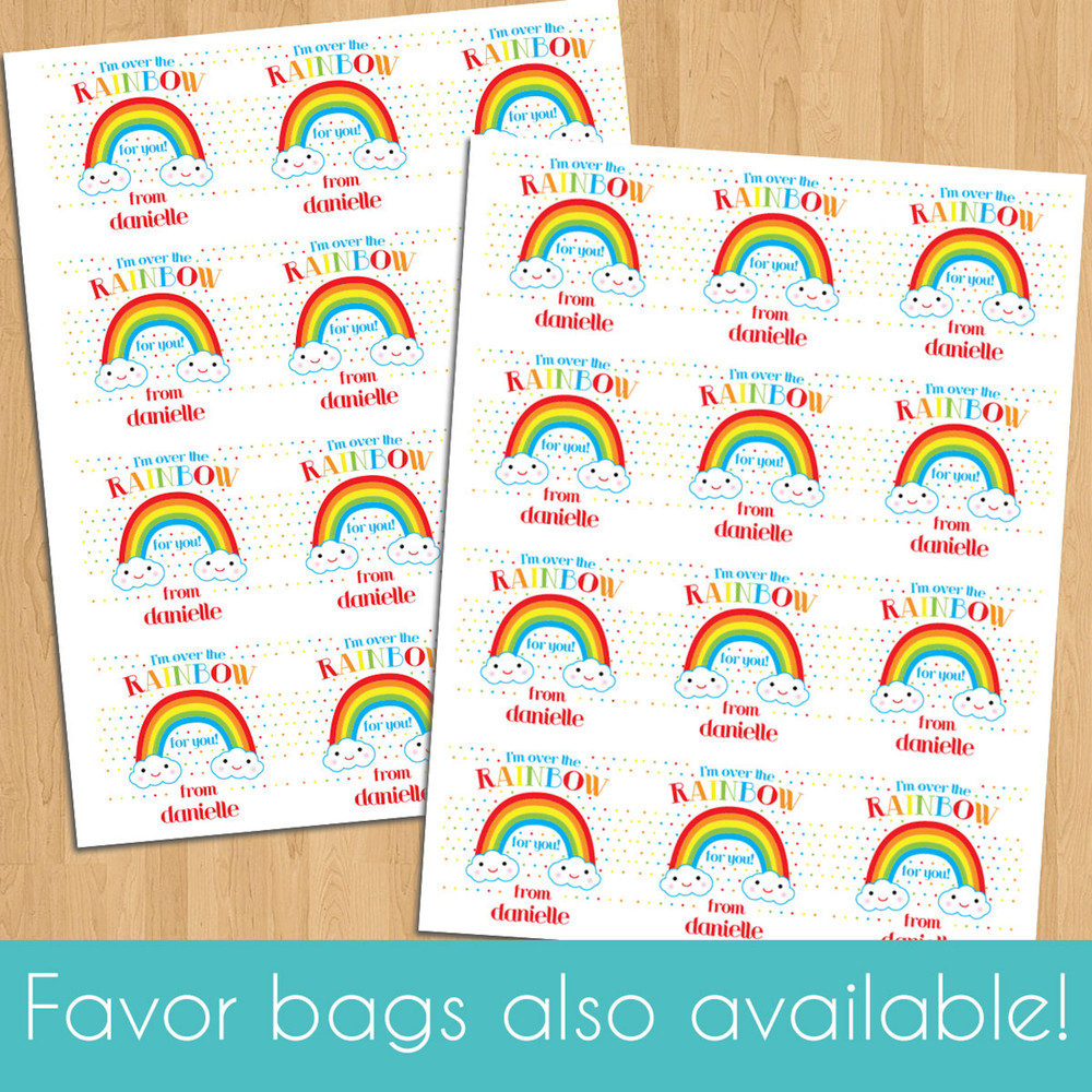 Retro Rainbow with Smiley Face Clouds Stickers - Personalized Rainbow Valentine's Day Stickers - Kids Valentines Day Stickers - Custom Valentines Favor Labels for Girls - Bulk Valentines Day Party Favor Labels