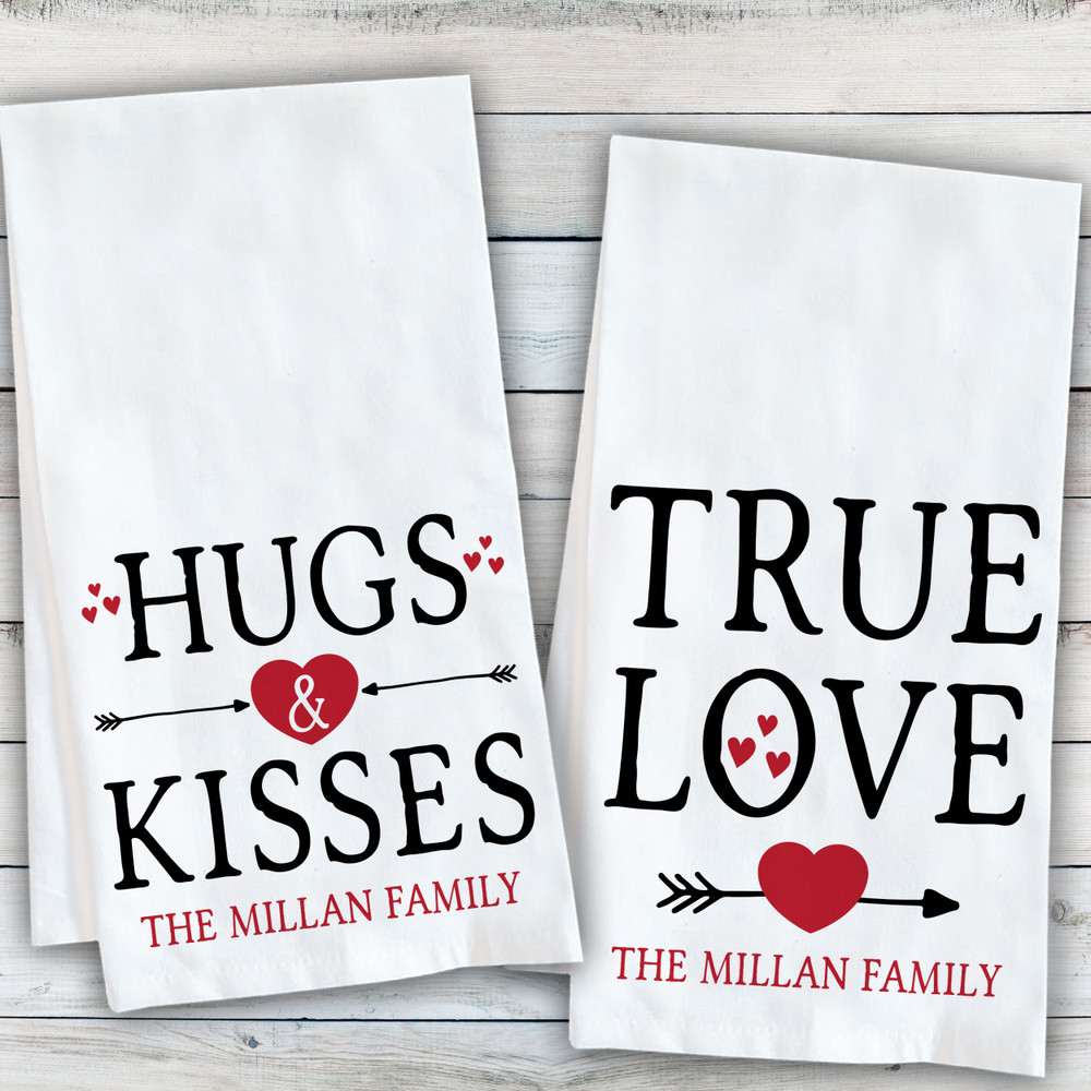 Personalized Hugs and Kisses Valentines' Day Kitchen Towel - Custom Valentines Day Home Decor - Personalized Cotton Dish Towels - Custom Tea Towel Valentine Gift