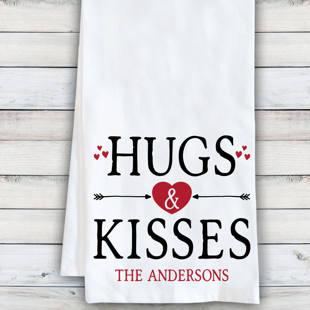 Personalized Hugs and Kisses Valentines' Day Kitchen Towel - Custom Valentines Day Home Decor - Personalized Cotton Dish Towels - Custom Tea Towel Valentine Gift