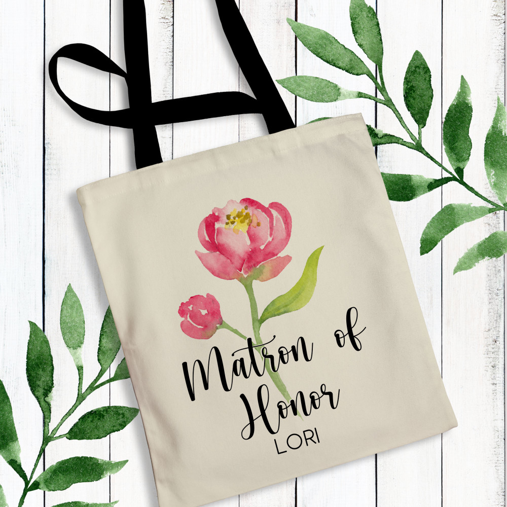 Personalized Bridal Party Tote Bags with Pink and Peach Peony Flowers - Watercolor Floral Matron of Honor Tote Bags Tote Bag with Name - Monogrammed Matron of Honor Gifts