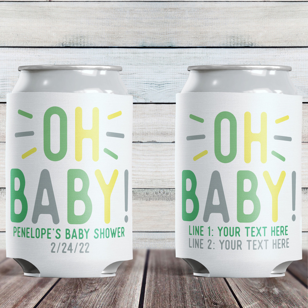Oh Baby! Custom Gender Neutral Green, Yellow and Gray Baby Shower Can Coolers  - Personalized Slim Baby Shower Can Cozies