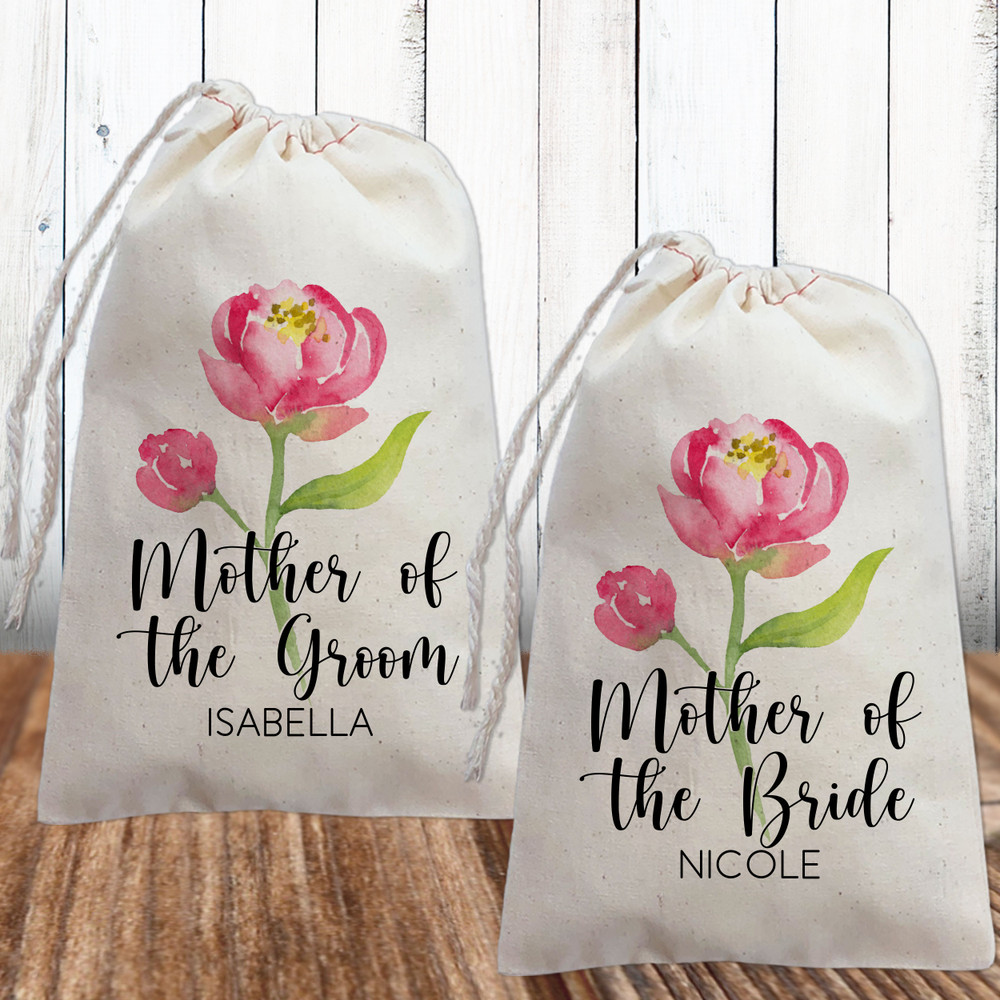 Personalized Bridal Party Gift Bags with Pink and Peach Peony Flowers - Watercolor Floral Mother of the Bride Bag with Name - Mother of the Groom Gift Bag - Mother of the Bride Gifts - Bridal Party Jewelry Bags - Canvas Drawstring Pouches