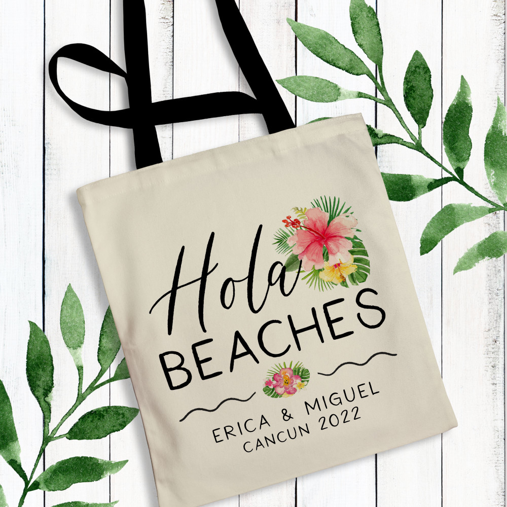 Hola Beaches Custom Printed Tote Bags - Bulk Beach Vacation Totes - Mexico Wedding Welcome Bags - Final Fiesta Bachelorette Party Tote Bags- Mexico Birthday Gift Bags - Custom Mexico Girls Trip Gifts - Personalized Canvas Tote Bags