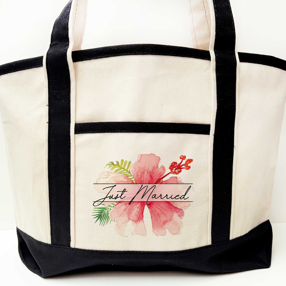 Modern Tropical Floral Just Married Beach Tote Bag