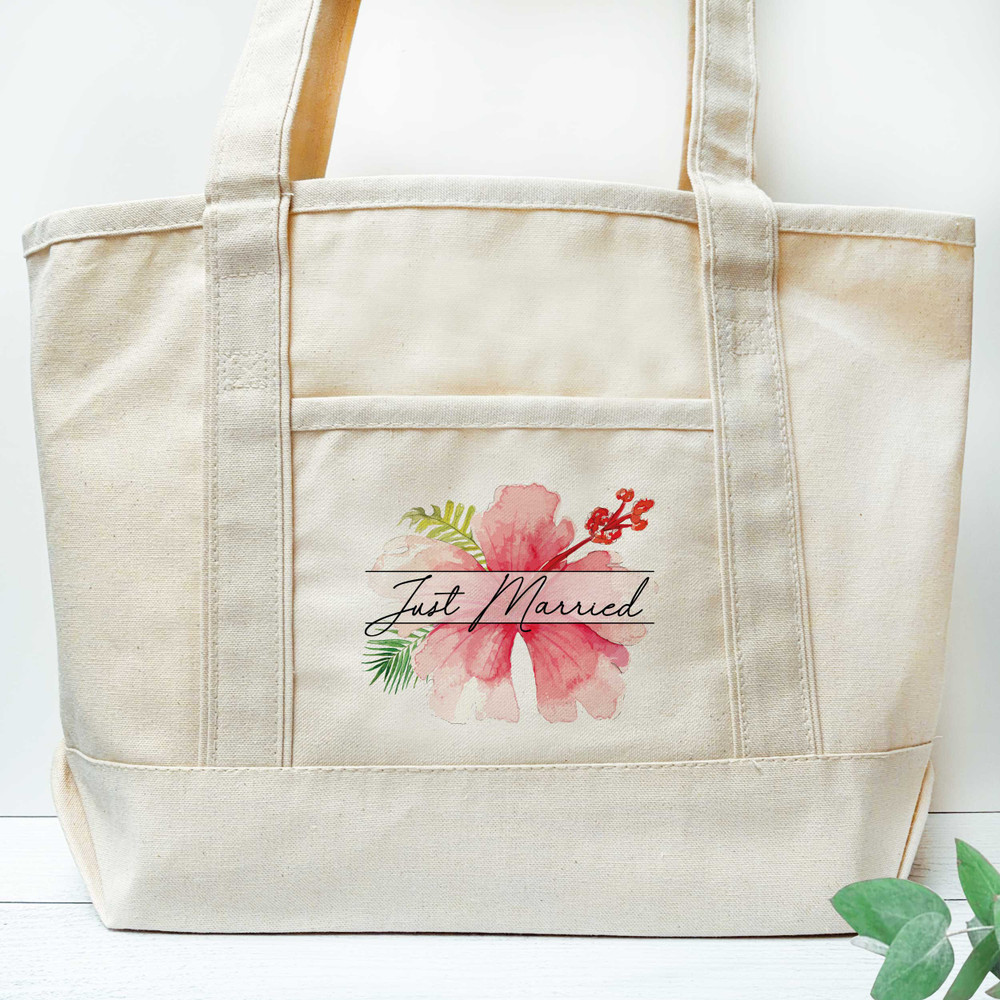 Modern Tropical Floral Just Married Beach Tote Bag