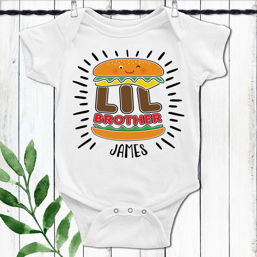 Personalized Yummy Burger Little Brother Shirt - Matching Boys Shirts - Lil Bro Kids Cheeseburger Tee with Name - Custom Baby Brother Outfit