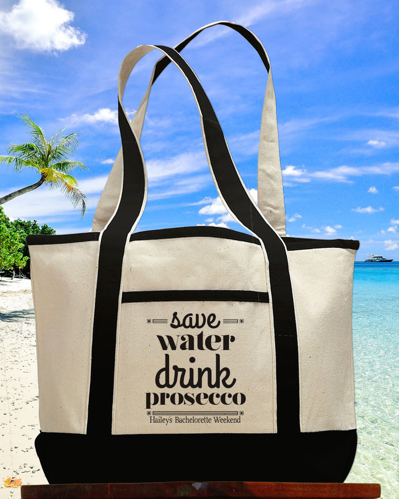 Save Water Drink Prosecco Tote Bag - Customized Shoulder Bag - Personalized Beach Bag - Large Canvas Carryall Totes