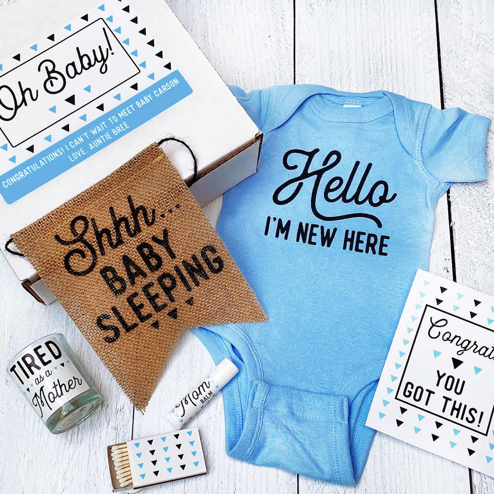 Personalized Hello New Mom and Baby Boy Gift Box