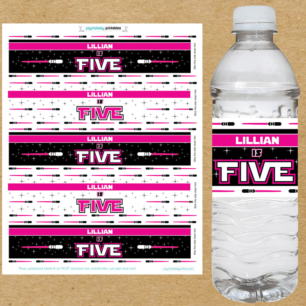 Pink Jedi Theme Star Wars Birthday Party Decorations - Girls Birthday Custom Water Bottle Labels - Waterproof Drink Bottle Decals - Personalized Water Bottle Stickers - Star Wars Party Favors + Decor