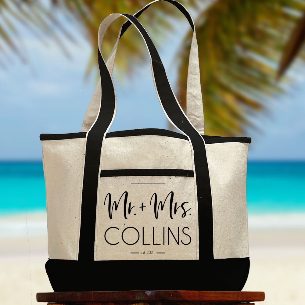 Honeymoon Beach Bag for Newlywed Couple - Custom Canvas Beach Tote Bag for Mr and Mrs - Personalized Travel Bag  -Just Married Gift