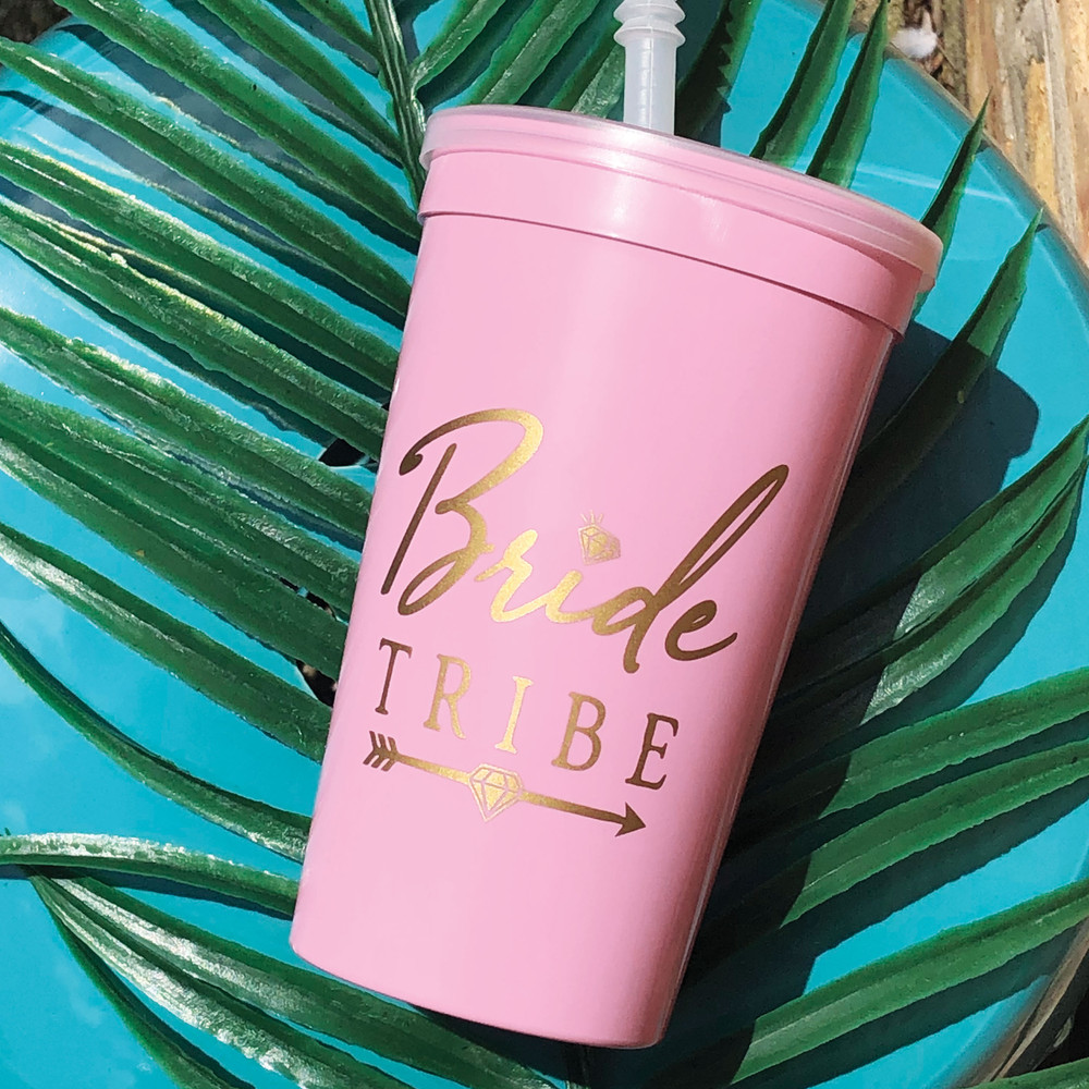 Bride Tribe Plastic Stadium Tumbler with Straw - Pink