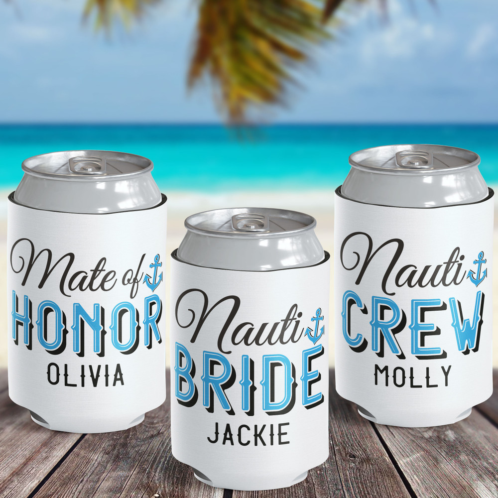 Nauti Bride and Nauti Crew - Mate of Honor Gift - Nautical Bachelorette Party Favors - Anchor Design Can Coolers - for Boat Theme Bridal Shower - Nauti Crew Can Sleeves- Lake Bachelorette Can Cozies
