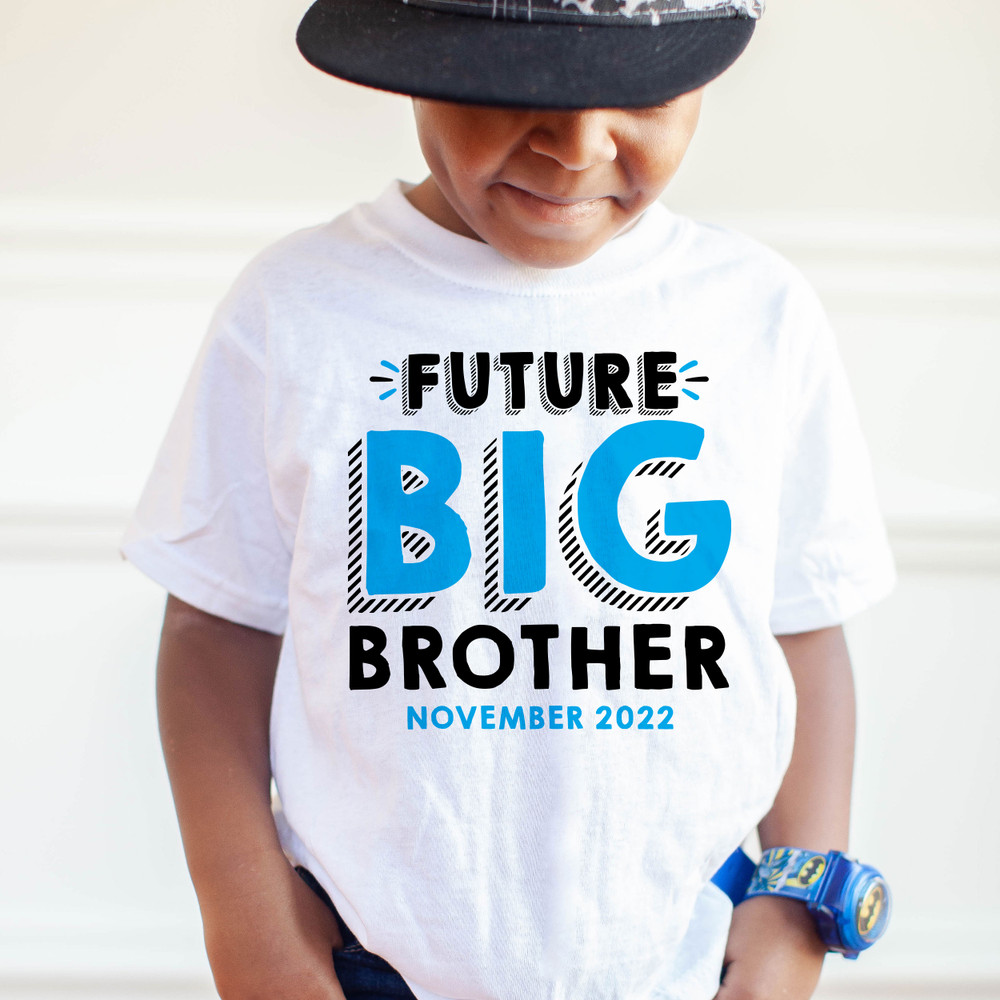Future Big Brother Shirt with Blue and Black Print - Custom Big Brother Tee with Due Date - Personalized Baby Announcement Shirt for Son - Pregnancy Reveal Outfit for Big Brother
