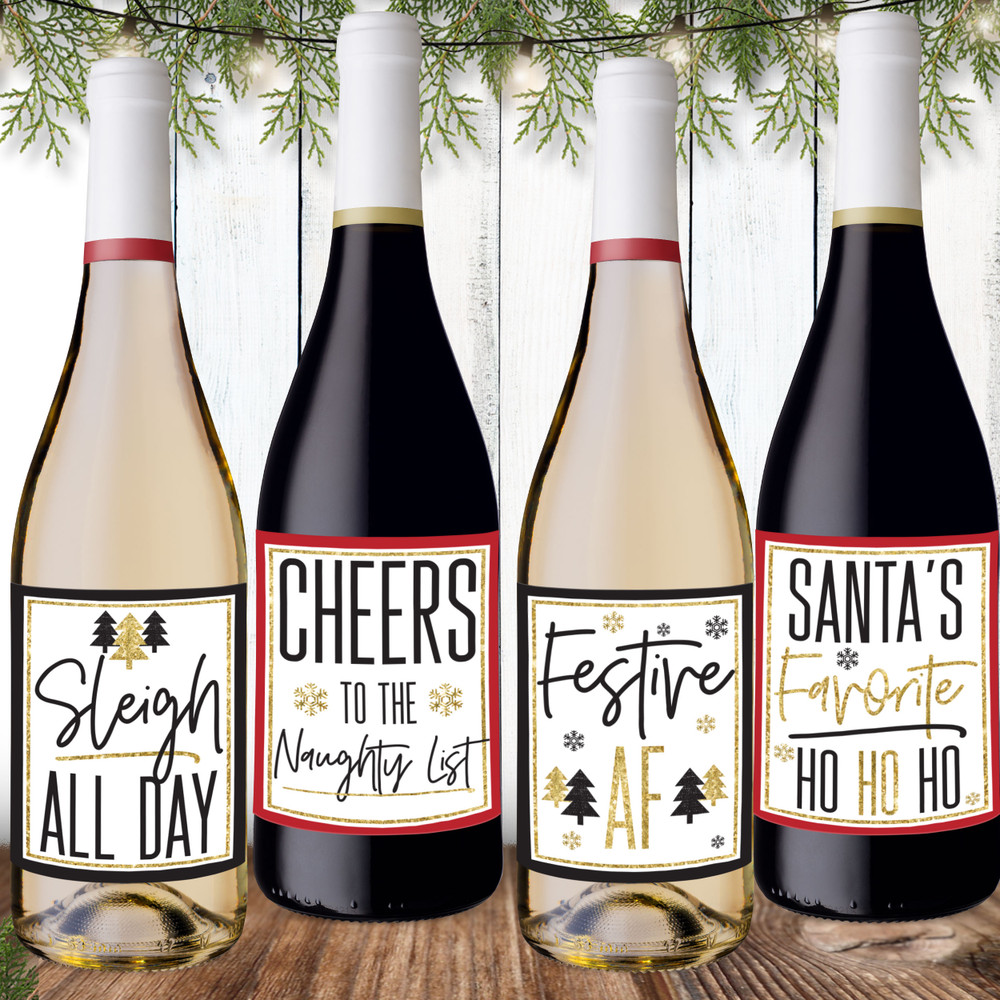 Sleigh All Day Funny Modern Minimalist Christmas Wine Labels - Festive AF Wine Labels - Cheers to the Naughty List Wine Labels - Santa's Favorite Ho Wine Labels