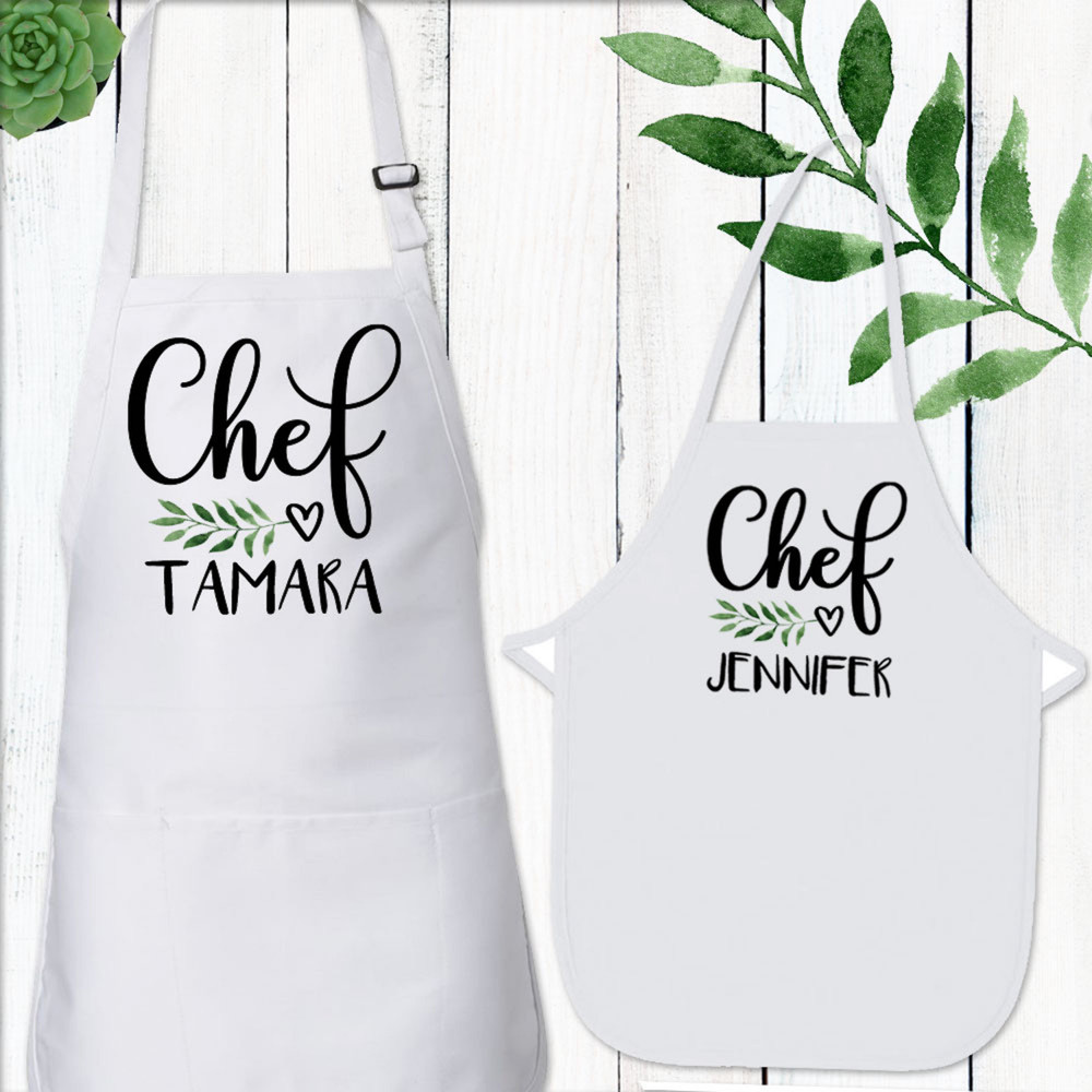 Personalized Chef Leaf & Heart Aprons - Custom Apron Set for Mommy + Daughter or Son - Monogrammed Aprons for Women and Toddlers, Kids, Girls and Boys