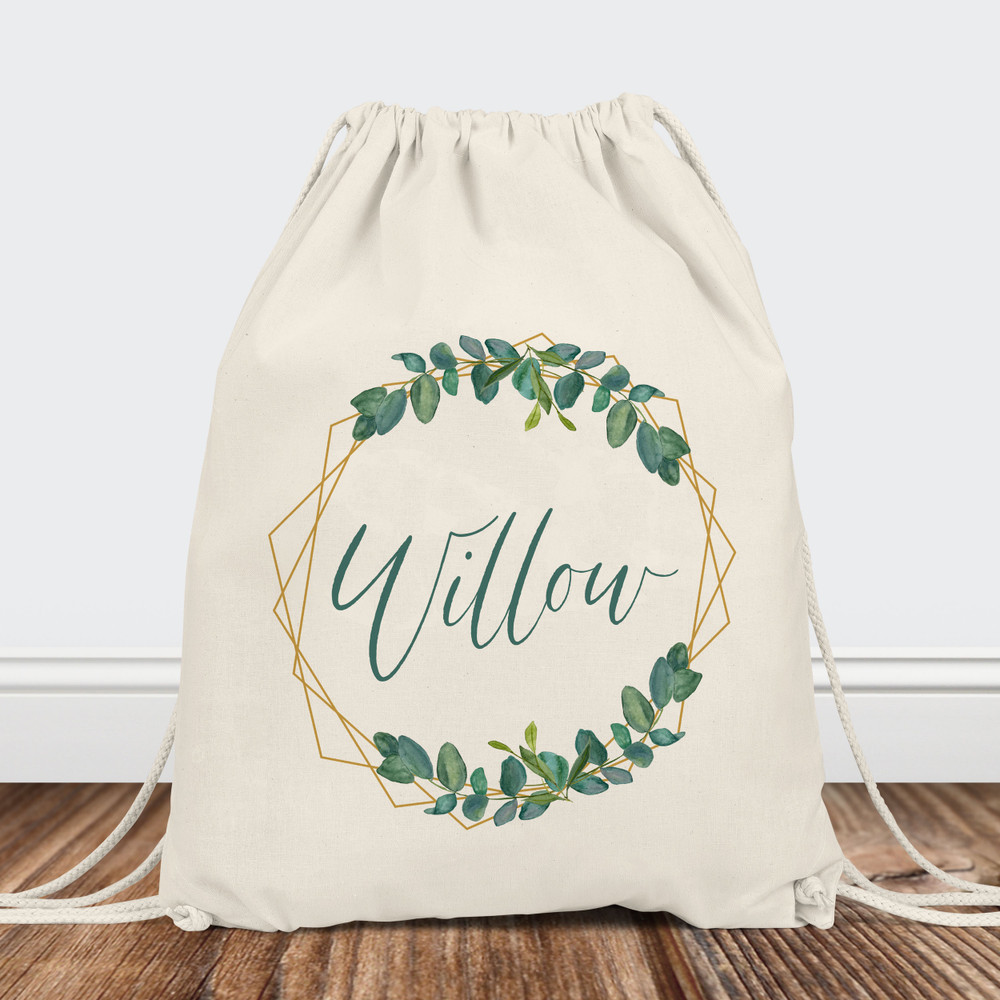 Personalized Tote Bags - Gold Geometric Shape with Greenery Leaf Wreath Design - Modern Custom Canvas Tote Bag for Her - Womens Monogrammed Totes - Custom Name Shoulder Bags