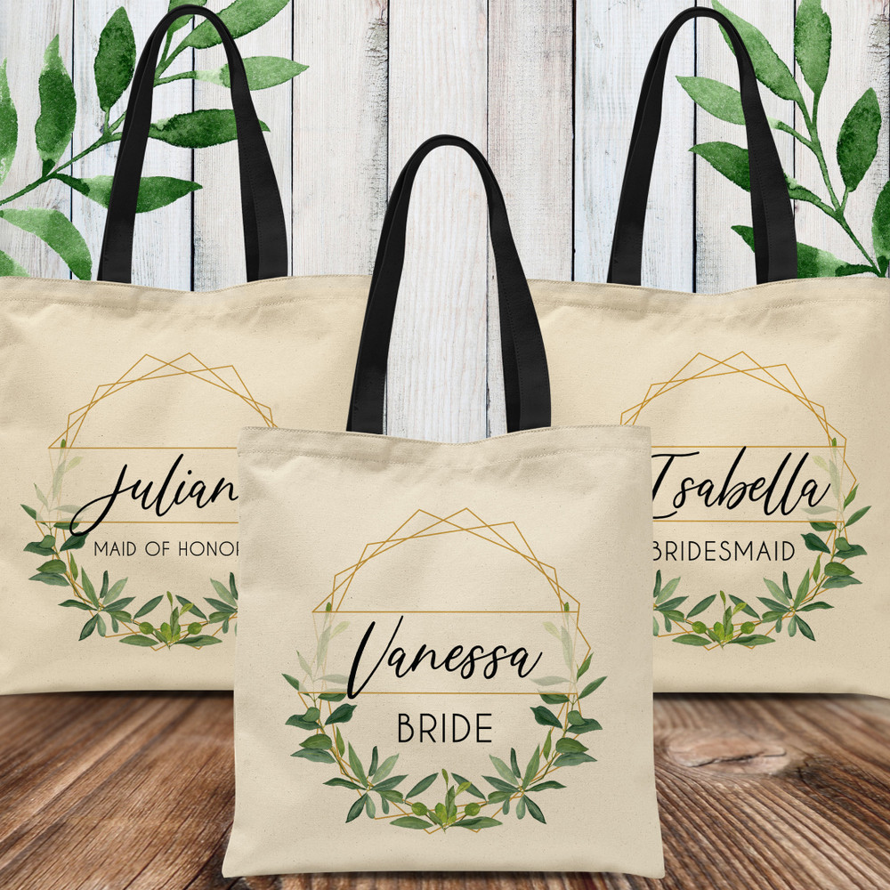 Personalized Bridal Party Tote Bags - Gold Geometric Wreath - Modern Leaf Floral Greenery Design - Custom Canvas Tote Bags - Personalized Maid of Honor Tote Bags - Personalized Bridesmaid Tote Bags