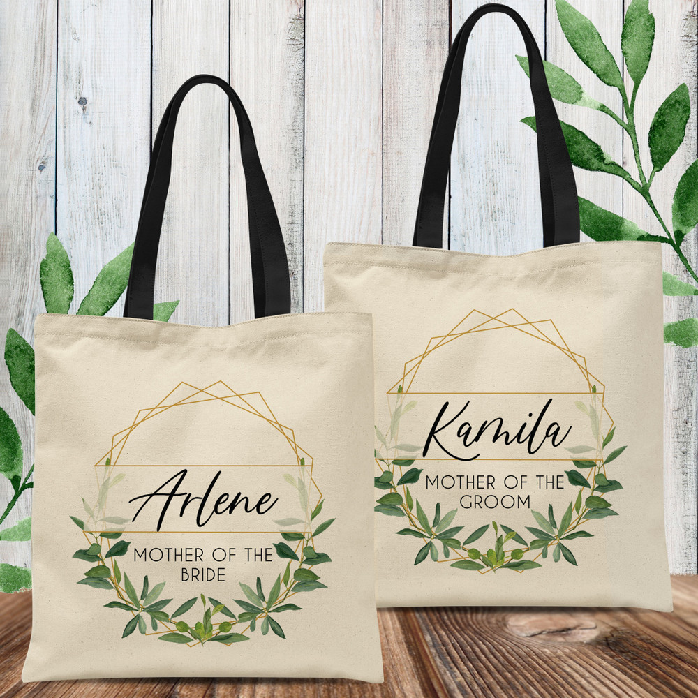 Personalized Bridal Party Tote Bags - Gold Geometric Wreath - Modern Leaf Floral Greenery Design - Custom Canvas Tote Bags - Personalized Mother of the Bride Tote Bags - Personalized Mother of the Groom Tote Bags